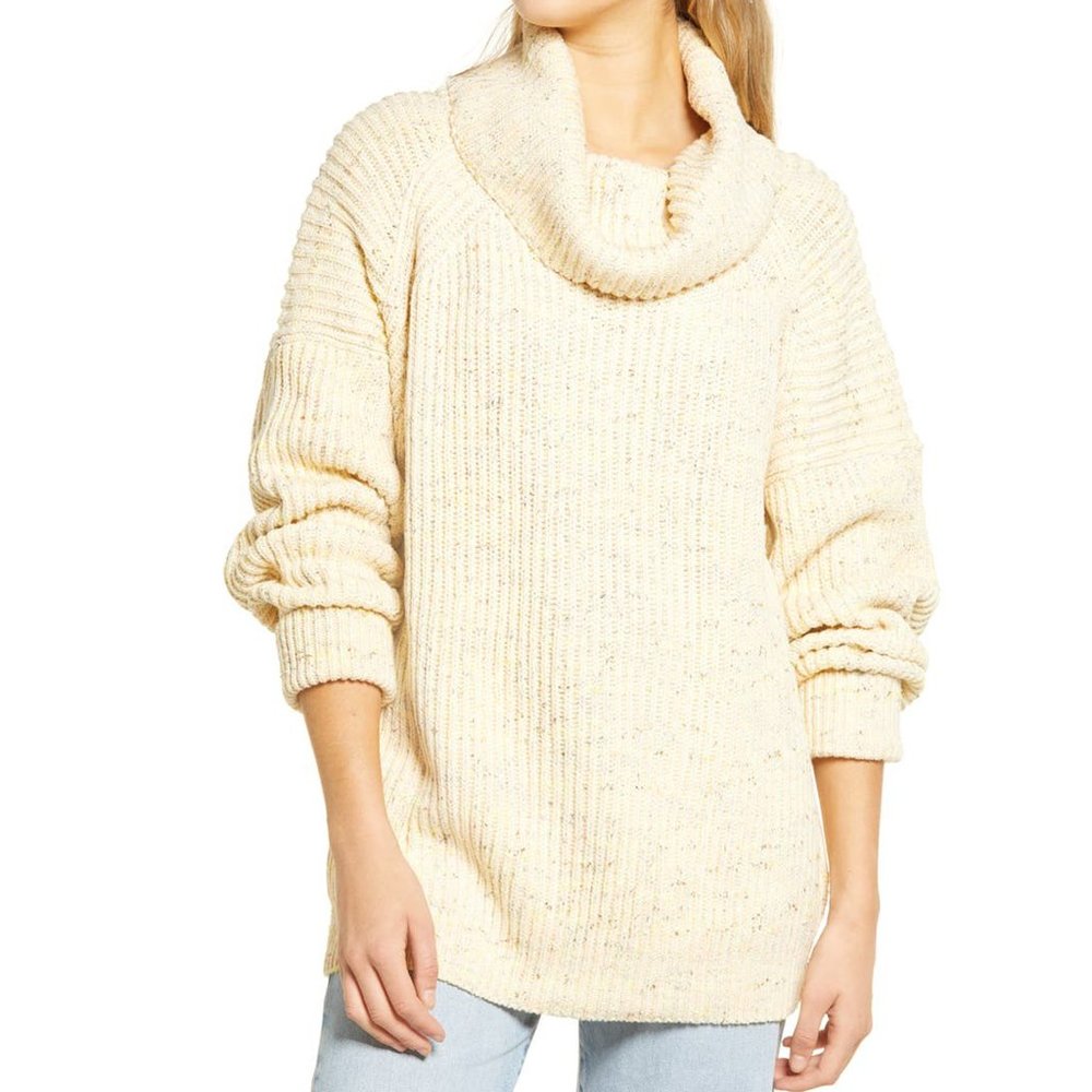 Free People Leo Tunic Sassy Peach Ribbed Cowl Neck Chunky Sweater Size L